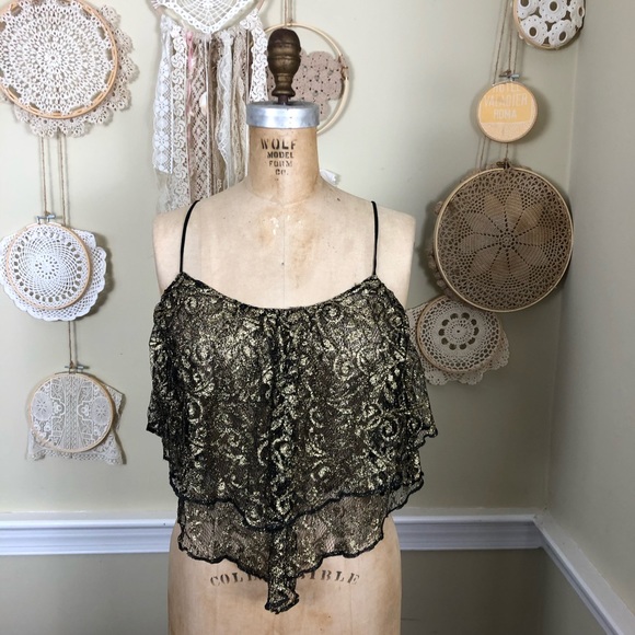 Urban Outfitters Tops - Urban outfitters black gold lace sheer crop top xs